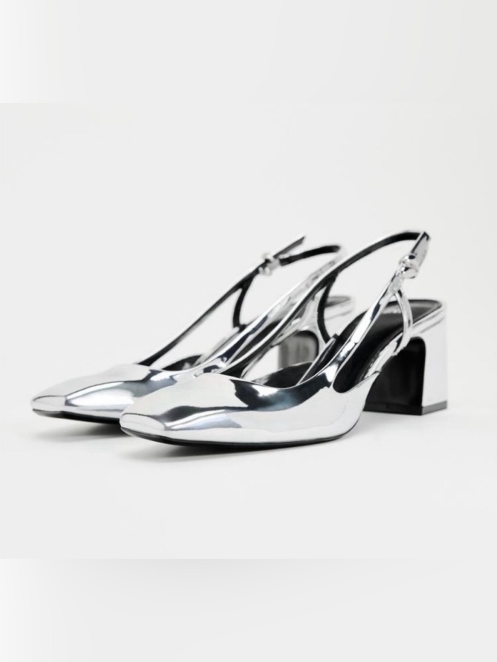 NWT’s Zara Patent Silver Metallic Square Tow Slingback Size 37